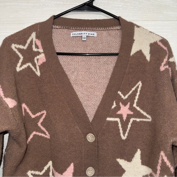 Celebrity Pink Women's Brown Star Print Button Front Cardigan Sweater size large - Picture 5 of 8